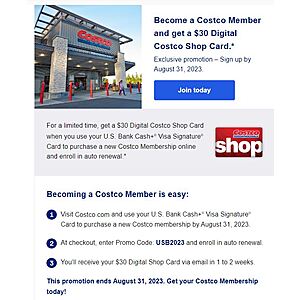 1-Year Costco Membership + $30 Digital Costco Shop Card w/USBank promo code (New Members Only)