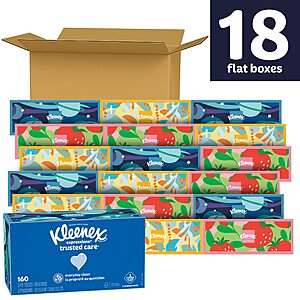 Kleenex Facial Tissues, 18 Boxes, 160 Tissues / Box, 2-Ply (2,880 Total Tissues), $25 (or less) after 20% coupon and 5% S&S