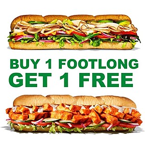 subway: select participating restaurants: buy one foot long get one free (new code)