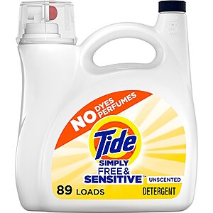 128-Oz Tide Simply Free & Sensitive Liquid Laundry Detergent (Unscented) $9.18 w/ S&S + Free Shipping w/ Prime or $35+