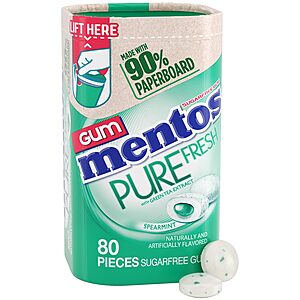 $2.99 /w S&S: Mentos Pure Fresh Sugar-Free Chewing Gum with Xylitol, Spearmint, 80 Piece