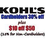 Kohl's Cardholders Stacking Coupon: 30% Off + Extra $10 Off $50+ + Free S/H (Valid 12/22 Only)