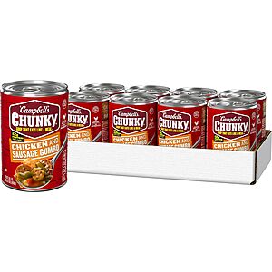 Campbell's Chunky Soup: 20% Off: 8-Count 16.1-Oz Chicken & Sausage Gumbo $11.61, 8-Count 16.3-Oz New England Clam Chowder $10.29 & More w/ S&S + FS w/ Prime or on $35+