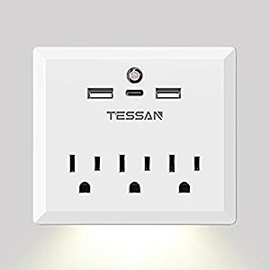TESSAN Wall Mount 3 AC Power Outlets 3 USB Charging Ports (1 Type C Port) with Automatic Sensor Night Light, Multi Plug Outlet, Phone Holder $9.59