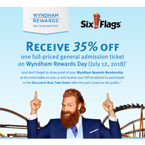 Wyndham Rewards Member Day at Six Flags - 35% Off Admission AND Stay After Park Closes on July 12