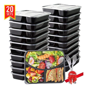 Meal Prep Containers [20 Pack] 3 Compartment with Lids and 20 Free Forks Portion Control Bento Box @$11.99 Free Shipping