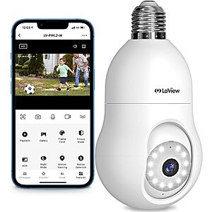 $19.89 LaView 4MP Bulb Security Camera 2.4GHz,360° 2K Security Cameras Wireless Outdoor Indoor Full Color Day and Night, Motion Detection, Audible Alarm, Easy Installation,