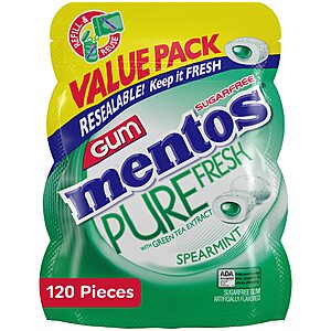 Mentos Pure Fresh Sugar-Free Chewing Gum with Xylitol, Spearmint, 120 Piece Bulk Resealable Bag (Pack of 1) $3.99