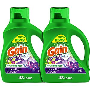 2-Pack 65-Oz. Gain + Aroma Boost Liquid Laundry Detergent (Moonlight Breeze) $10.35 w/ S&S