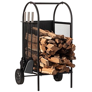 Indoor and Outdoor Patio Iron Firewood Log Cart w/ Wheels + Fireplace Tool Set, Black $69.93 + Free Shipping