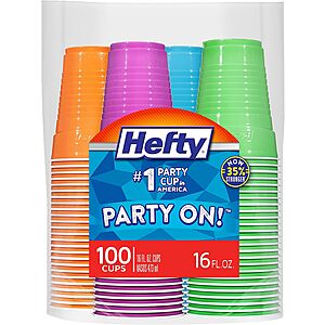100-Count Hefty Party On Disposable Plastic Cups (Assorted Colors) $7.01 w/ S&S + Free Shipping w/ Prime or on $35+