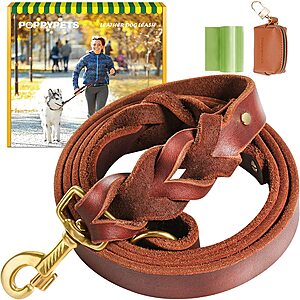 POPPYPETS 6' Long Leather Dog Leash with Waste Bag Dispenser from $9.32 + Free Shipping with Prime or $25+