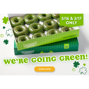Krispy Kreme Rewards: Dozen Green O'riginal Glazed Doughnuts (Select Locations) $7 (Valid 3/16 & 3/17)
