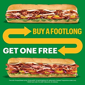 Select Subway Restaurants: Buy One Footlong Sub, Get One Footlong Sub Free