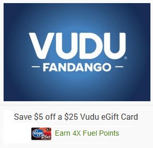 $25 VUDU eGift Card (Digital Delivery) + Earn 4X Kroger Fuel Points $20