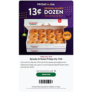 Krispy Kreme: $0.13 Original Glazed Dozen Doughnuts w/ Any Dozen Purchase (Valid October 13th only)