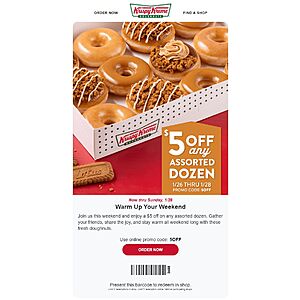 Krispy Kreme: $5 Off Any Assorted Dozen Doughnuts (Valid 1/26 - 1/28)