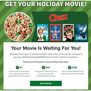 Buy 3 Specially Marked General Mills Chex Cereal, Get a $15 FandangoNOW Digital Movie Code (for Elf, The Polar Express, A Christmas Story, or National Lampoon's Christmas Vacation)