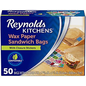 Reynolds Kitchens Wax Paper Sandwich Bags - 6x7-13/16", 50 Count $2.79 after $1.20 coupon. No code needed