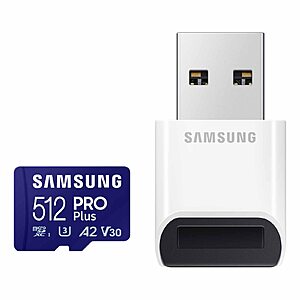 SAMSUNG PRO Plus microSD Memory Card + Reader, 512GB MicroSDXC, Up to 180 MB/s, Full HD & 4K UHD, UHS-I, C10, U3, V30, A2 for Android Phones, Tablets, GoPRO, DJI Drone, M - $33.99