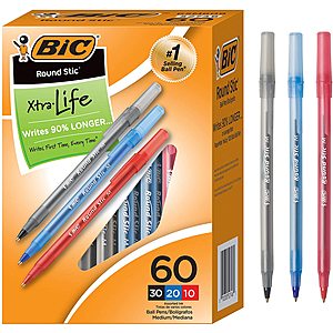60-Ct BIC Round Stic Xtra Life Medium Ballpoint Pen (30x Black, 20x Blue, 10x Red) $3.14 & More + Free Shipping w/ Prime or on $25+