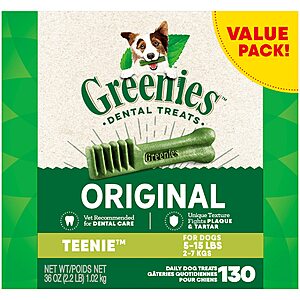 130-Count Greenies Original Teenie Natural Dental Dog Treats (for 5-15 Lb. Dogs) $17 w/ S&S + Free Shipping w/ Prime or on $35+