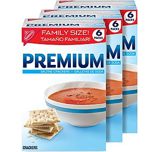 Premium Saltine Crackers, Family Size, 6 Count (Pack of 3) That's 4.5 lbs. for $6.08 w/ 15% S&S ($7.15 w/ 5% S&S), $3 Coupon, Free Prime Ship