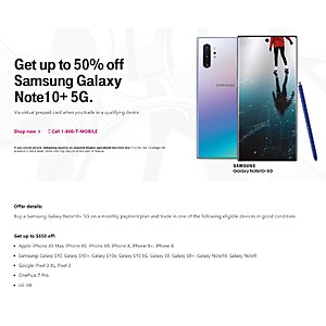 Galaxy Note 10+ 5G 50% off at T-Mobile with Trade-In (No new lines needed) $650+tax+activation fee
