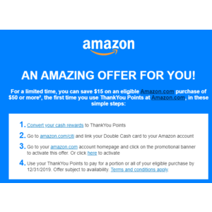 (YMMV) Citi Double Cash Card - $15 off $50 at Amazon After Converting Rewards to Thank You Points