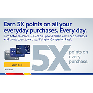 Chase Southwest Card: Activate and earn 5 total points per $1 spent on your purchases (YMMV)