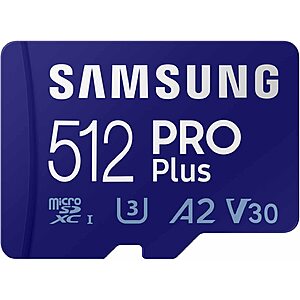 SAMSUNG PRO Plus microSD Memory Card + Adapter, 512GB MicroSDXC, Up to 180 MB/s, Full HD & 4K UHD, UHS-I, C10, U3, V30, A2 for Android Phones, Tablets, GoPRO, DJI Drone,  - $31.99