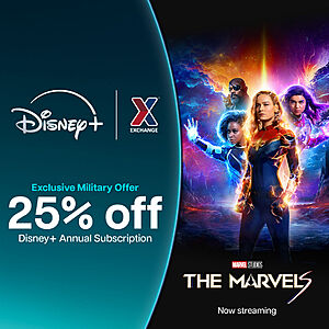Military Exchange offering Disney+ Premium (no ads) 25% off.
