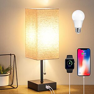 Bedside Table Lamp, Pull Chain Table Lamp with USB C+A Charging Ports $13.51