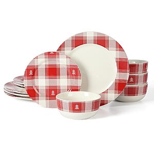 12-Piece Martha Stewart Plaid Decorated Red and White Stoneware Dinnerware Set $28.98 + Free Shipping w/ Prime or on $35+