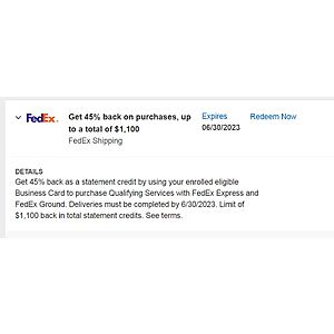 Amex Offers: Get 45% Back on FedEx Express or Ground Shipping thru 6/30/23
