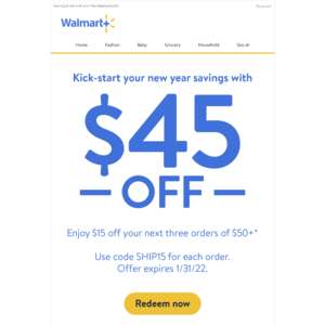 Walmart+ members - Enjoy $15 off your next three orders of $50+ (YMMV)