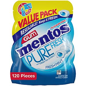 120 Piece (Pack of 1), Mentos Pure Fresh Sugar-Free Chewing Gum with Xylitol, Fresh Mint $3.79