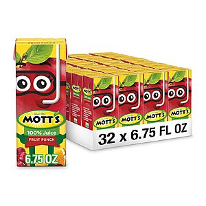 Mott's: 32-Pack 6.75-Oz 100% Juice (Fruit Punch) $10.85, 8-Pack 64-Oz Apple Juice $16.74, 72-Pack 4-Oz Cinnamon Applesauce $21.17 & More + Free Shipping w/ Prime or $35+