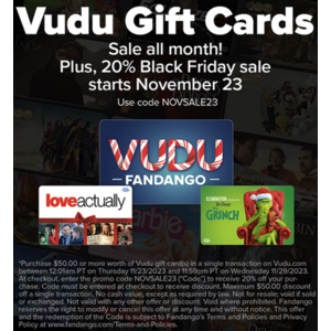 20% Off Fandango/VUDU Gift Card Purchases of $50+ @ Vudu **Starting 11/23**