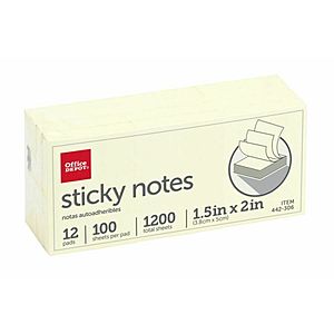 12-Pack 100-Count 1.5" x 2" Office Depot Self-Stick Notes $1 (Text Msg. Required, Exclusions Apply)