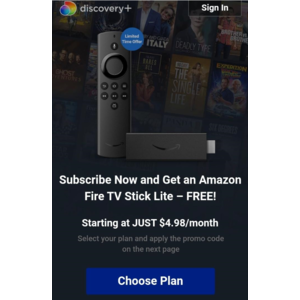 Discovery+ Streaming Subscription Service (Ad-Lite) + Amazon Fire TV Stick Lite $5/mo & More