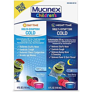 Mucinex Children's Multi-Symptom Day/Night Liquid, Very Berry, 8oz for Congestion, Mucus, Cough, Fever, Sore Throat $13.87 & More + FS W/ Prime
