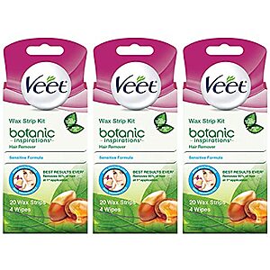 VEET Botanic Inspirations Easy- Sensitive Formula Hair Wax Strip Kit With Argan Oil, 20 Wax Strips with 4 Wipes (Pack of 3) $15.40 + FS W/ Prime