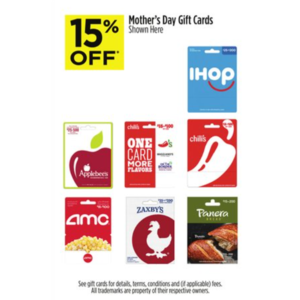 Dollar General in store, 15% off select gift cards, IHOP, AMC, Applebee's, Chili's, Zaxby's