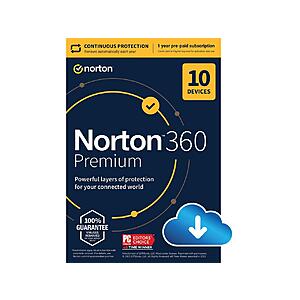 Norton 360 Premium 2023 Antivirus Software (1-Year, 10 Devices, Digital Download) $20 & More