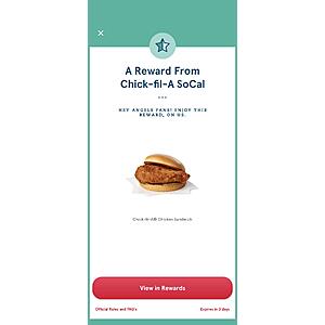 Select SoCal Residents Only: Chick-fil-A App: Free Original Chicken Sandwich (Claim Reward by 10:30AM, 06/07, Then Redeem Reward by Fri)