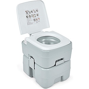 5.3 Gal Portable Flushing Toilet w/ T-Shaped Pump Flush System, Built-in Rotating Spout, Carrying Handle, Waste Sealing Latch for Travel $45.69 + Free Shipping