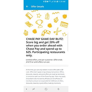 Chase Pay App:  Get 20% off when you order through Chase Pay app at participating restaurants.  Spend up to $25.