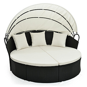 Clamshell Patio Round Wicker Daybed w/ Retractable Canopy & Pillows $304 + Free Shipping