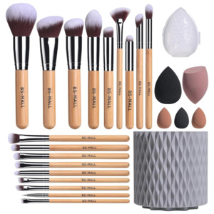 BS-MALL Makeup Brushes Bamboo Premium Synthetic Foundation Powder Concealers Eye Shadows 18 Pcs Brush Set with 5 sponge & Holder Sponge Case - $14